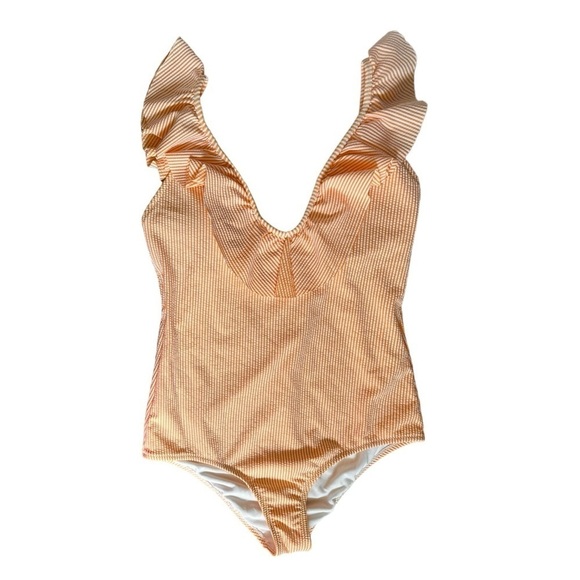 Jessica Simpson Ribbed Stripe Tangerine One Piece Swimsuit Size XL NWT Ruffled - Picture 1 of 7